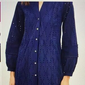 LOFT Navy Long Sleeve Eyelet Dress